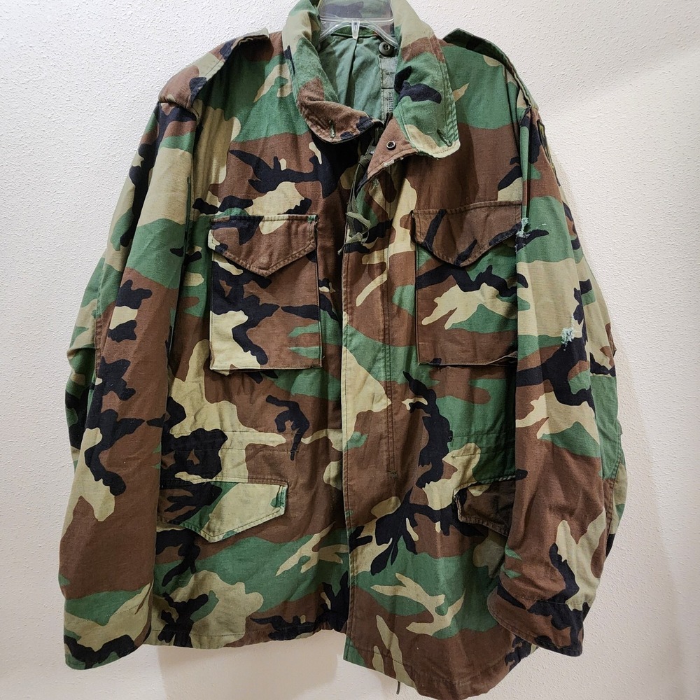 Mens Army Field Jacket Large Long Cold Weather Field Woodland Camo Military...